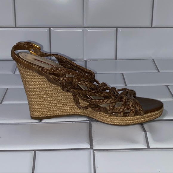 PRADA Sandals Wedge Platform Brown Leather Ankle-Strap Woven Women’s Size 37 7 - Picture 5 of 9
